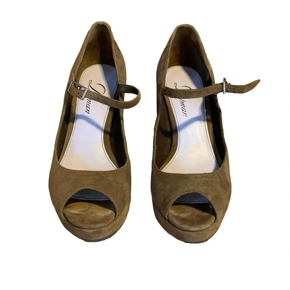 DELMAN TAUPE BROWN SUEDE PLATFORM WEDGE HEEL MARY JANE SHOES (6)
